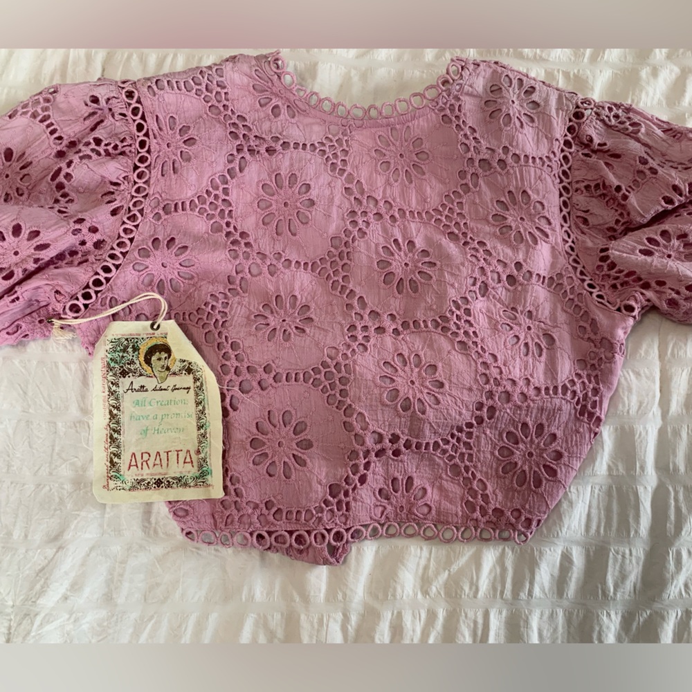 NWT Aratta Lace Crochet Puff Sleeve Crop Top - Dusty Rose - Picture 11 of 16